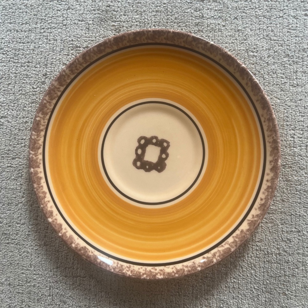 Vintage K&G Luneville France Ceramic Saucer Yellow Brown Speckled Rim 6.25in